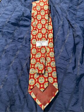 Valentino Red Silk Tie with Gold and Blue Medallions